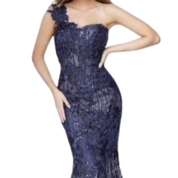 NWT Jovani 02445ASC One Shoulder Prom Dress Navy Size 8 - Picture 1 of 6